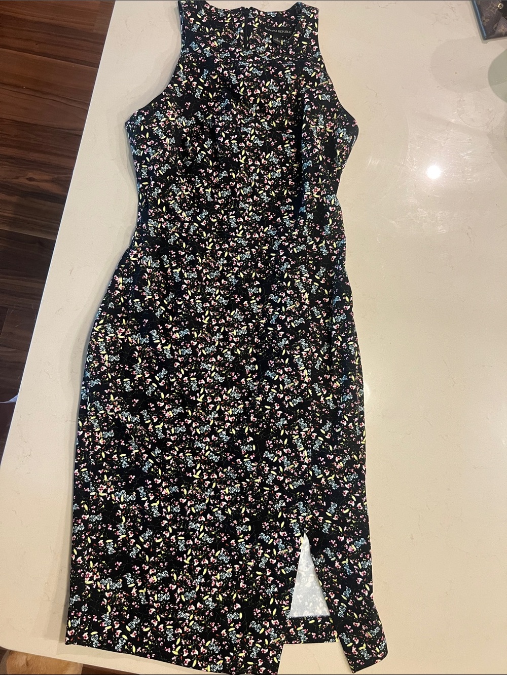 Banana Republic Black Floral Midi Dress with Multicolor Print